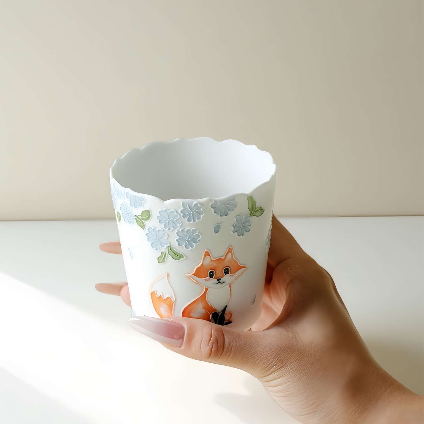 墨己脂白釉哑光手绘有田烧小狐狸陶瓷咖啡杯陶瓷杯家用牛奶杯杯子
