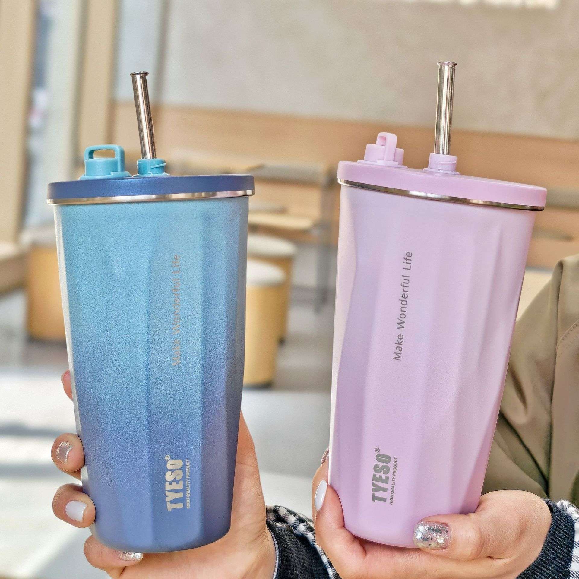 泰硕时尚简约情侣保温杯夏季保冷不锈钢吸管杯创意便携美式咖啡杯