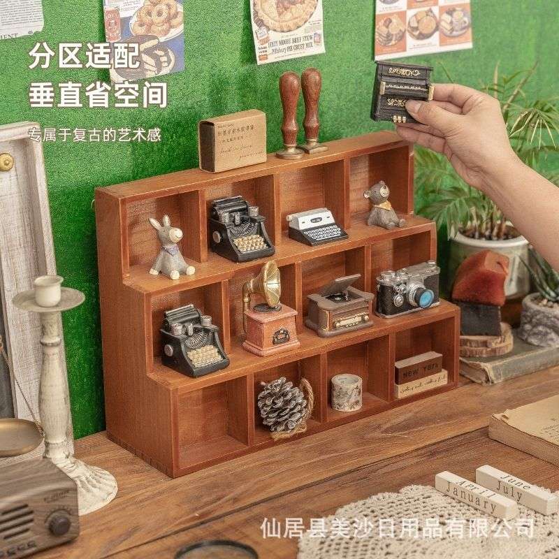 zakka做旧木质桌面收纳架 阶梯12格9格壁挂展示柜杂物储物盒整理