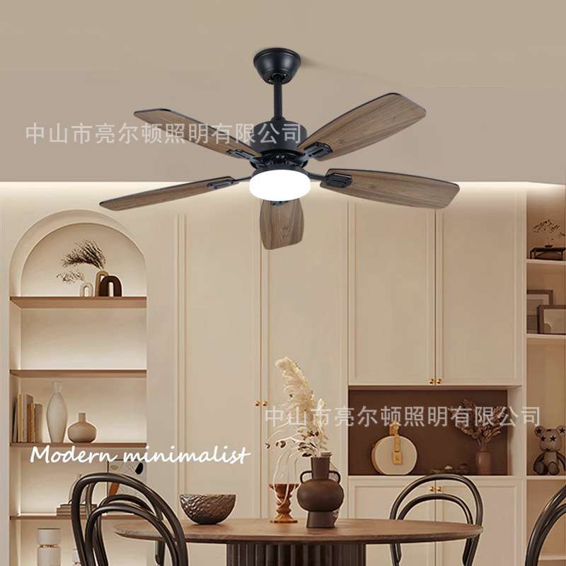 亚马逊直叶风扇灯木质家用电风扇LED餐厅吊扇宽压85v-265v吊扇灯