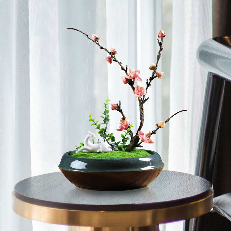 仿真梅花盆景摆件中式客厅博古架书柜办公桌陶瓷鹿工艺品禅意摆设