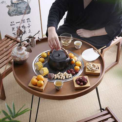 围炉煮茶桌胡桃木色小茶桌茶桌新中式简约火锅复古禅意圆形茶几