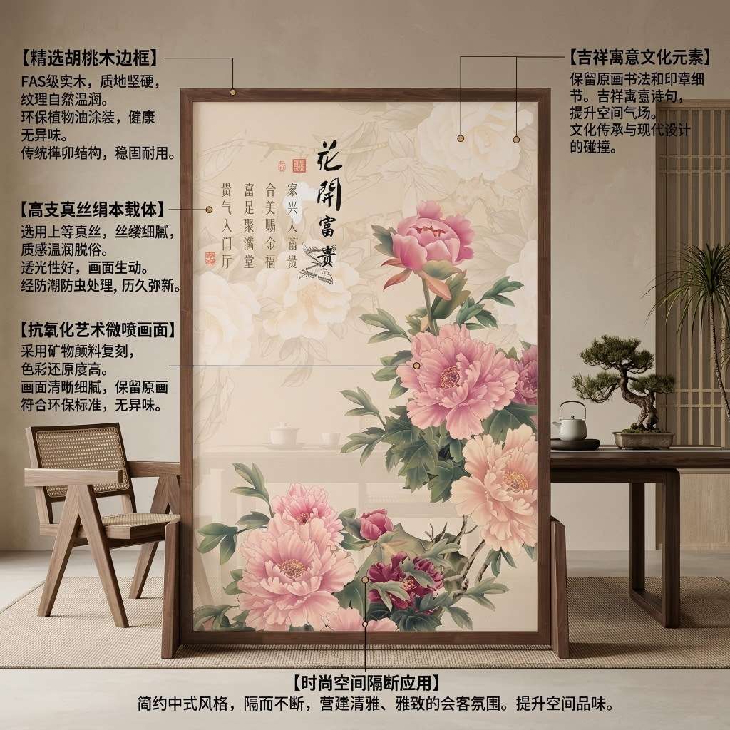 中式屏风隔断客厅卧室遮挡家用现代简约入户玄关移动实木牡丹座屏