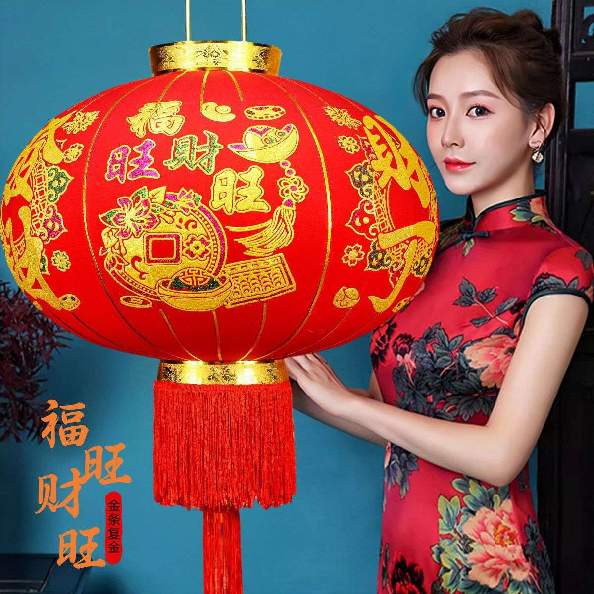 厂家植绒短杆大红绒布高档新年春节用品 装饰大门阳台红灯笼