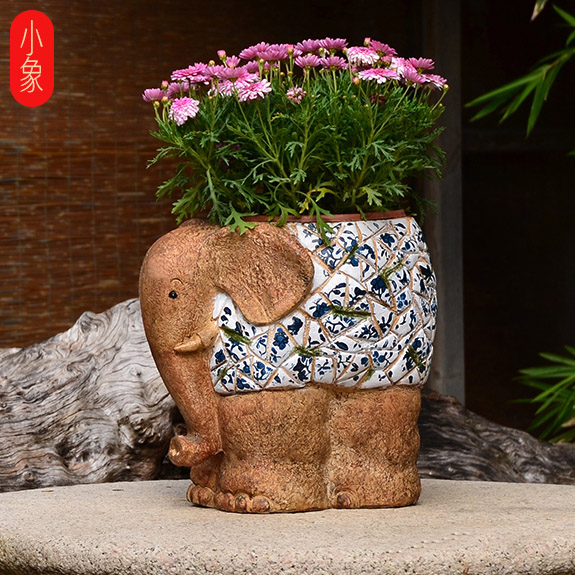 大象造型花盆青花庭院花园阳台家居绿植摆件别墅门口落地大号装饰