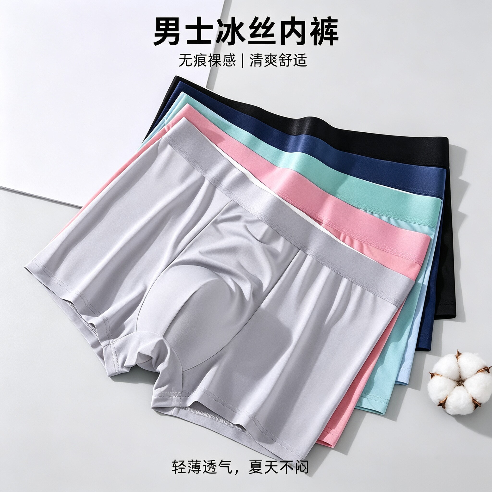 高档冰丝男士内裤薄款亲肤透气青少年个性时尚纯色中腰平角短裤头