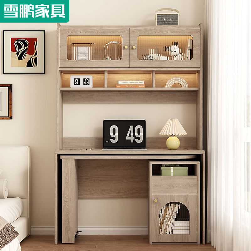 原木风可旋转书桌书柜一体书房转角书桌书架靠墙写字台办公桌6L72
