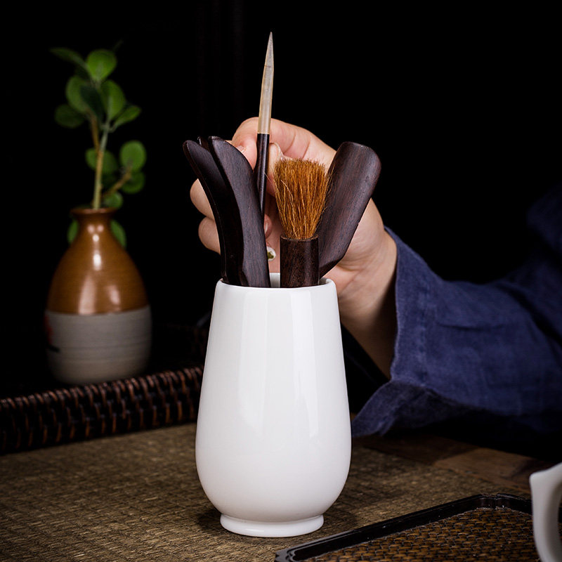 羊脂玉白瓷茶道六君子黑檀木茶勺茶夹茶针养壶笔茶艺功夫茶具配件