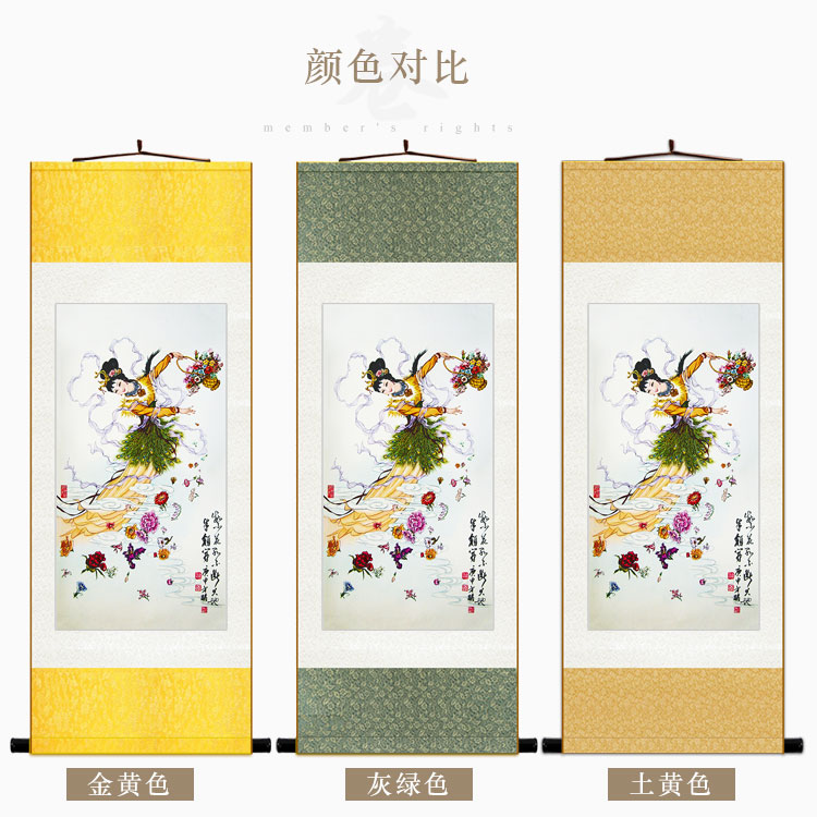 天女散花图 仙女人物画像 玄关书房客厅装饰画 绢布卷轴挂画包邮