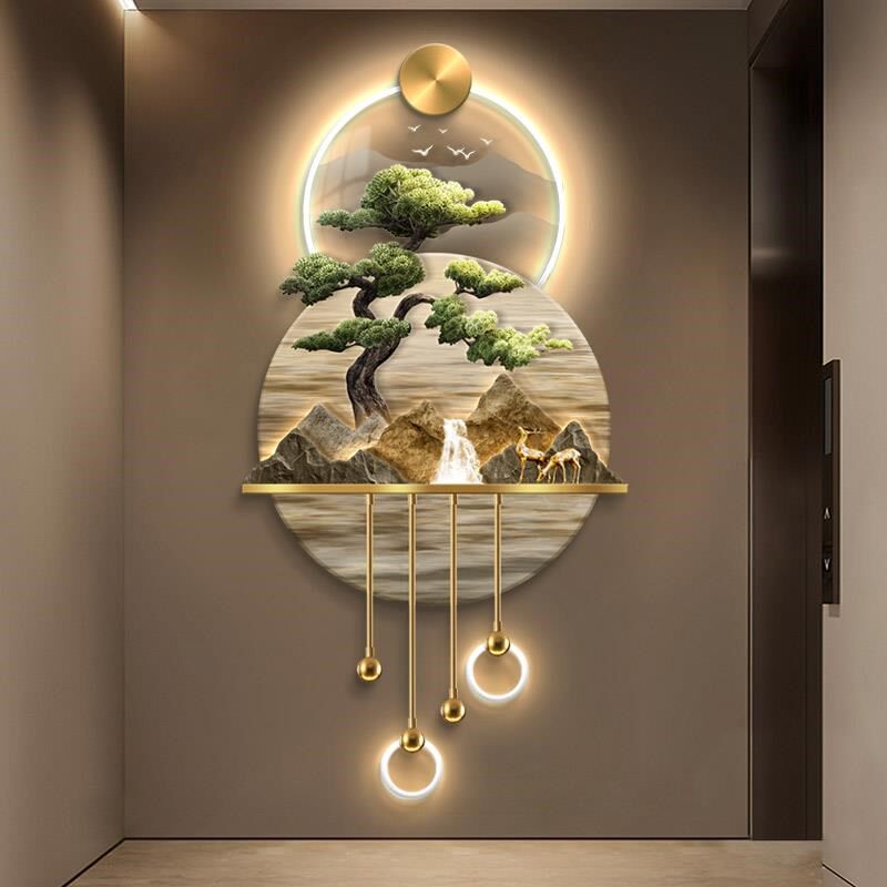 轻奢靠山玄关装饰画走廊挂画迎客松LED灯光壁画立体吊坠艺术壁灯