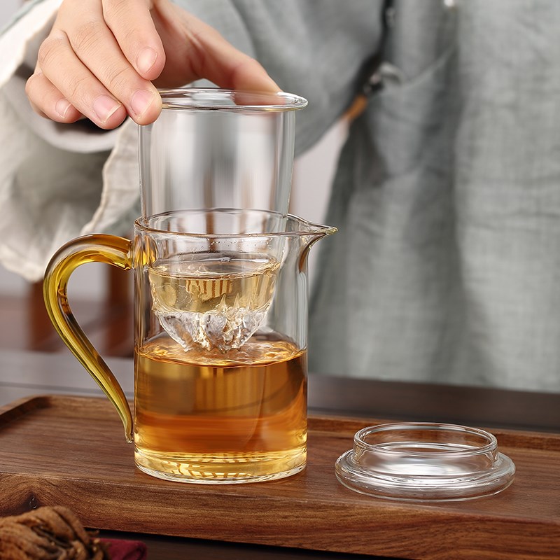 玻璃杯带把茶水分离加厚耐热玻璃杯个人家用带盖子透明玻璃水杯简图片