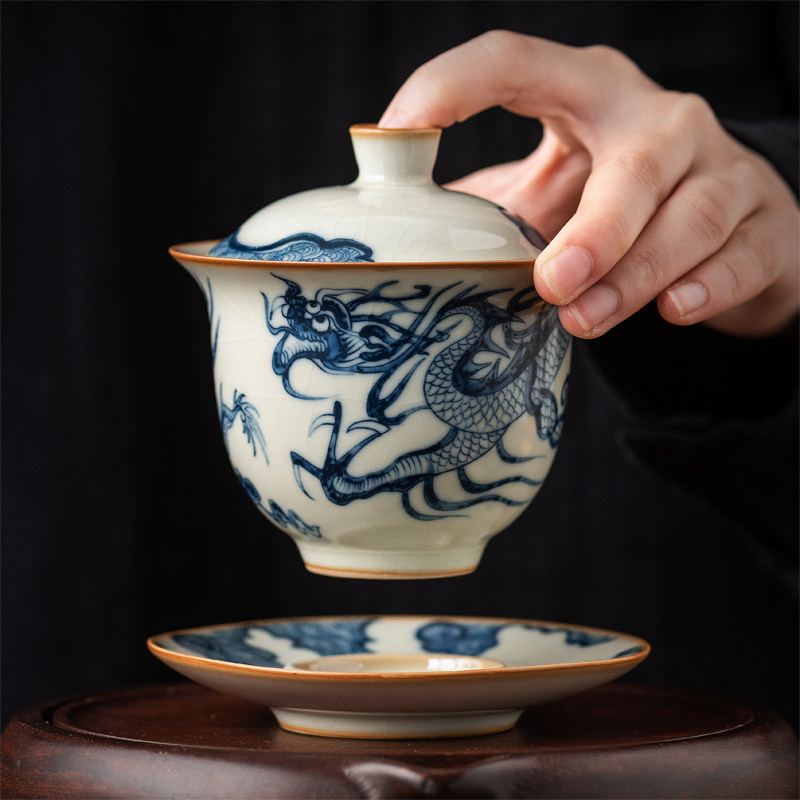 黄汝青花三才盖碗家用功夫茶具泡茶碗盖杯子汝窑敬茶碗品茶碗茶壶