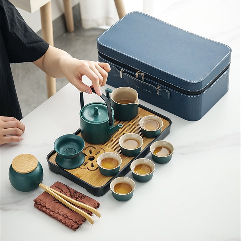 黑陶旅行功夫茶具套装日式家用便携式包陶瓷茶壶一壶六杯礼品定制