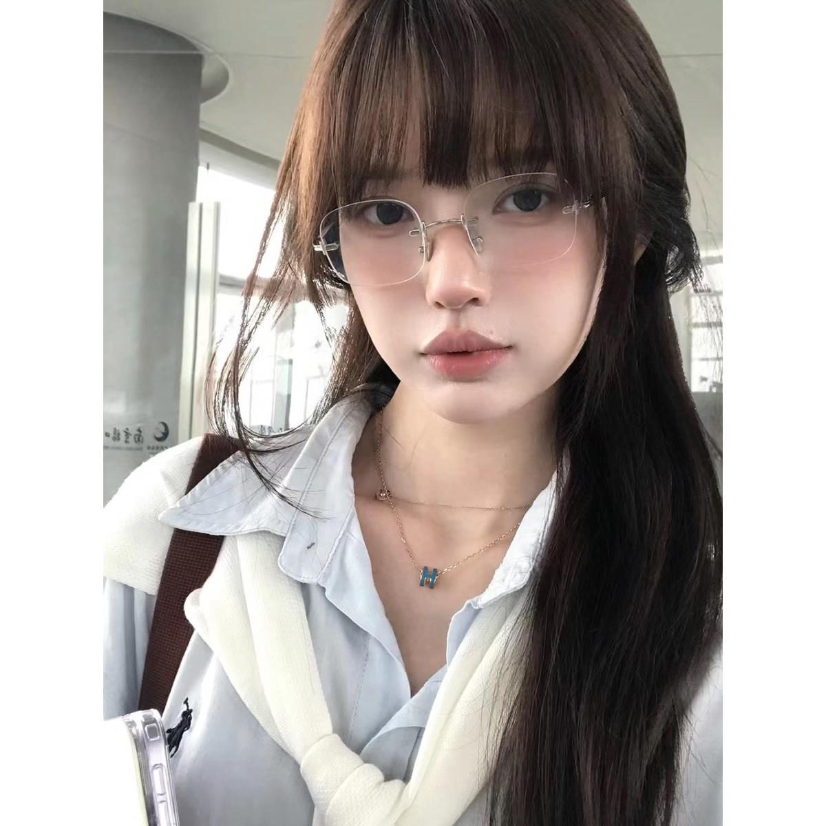 纯欲金丝无框眼镜女近视可配度数高级无边框素颜显脸小防蓝光眼睛图片