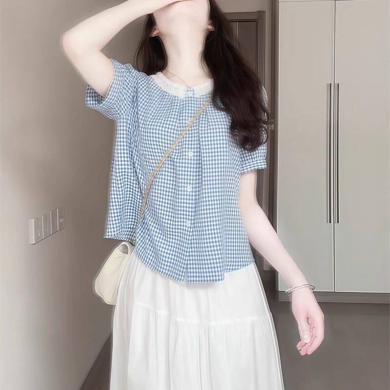 韩里韩气穿搭格子短袖衬衫半身裙时尚气质名媛两件套装女2026新款