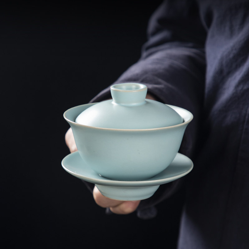 汝窑三才盖碗天青开片汝瓷功夫茶具泡茶碗陶瓷家用泡茶器茶道配件