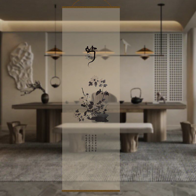 中式梅兰竹菊卷帘 纯麻混纺透景隔断帘 电动透光窗帘 客厅装饰卷