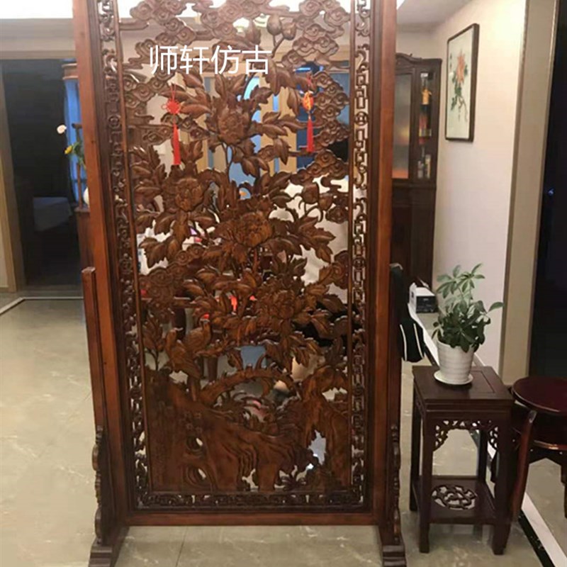 东阳木雕花开富贵牡丹鸟雕花板实木玄关吊顶隔断背景墙中式可定制
