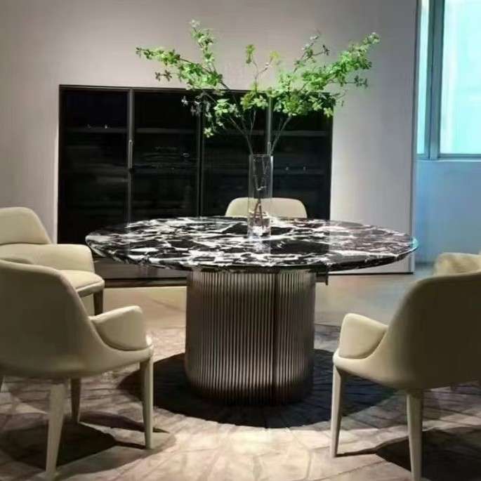 意式轻奢拿破仑黑奢石天然大理石圆桌不锈钢脚家用轻奢高端餐桌椅