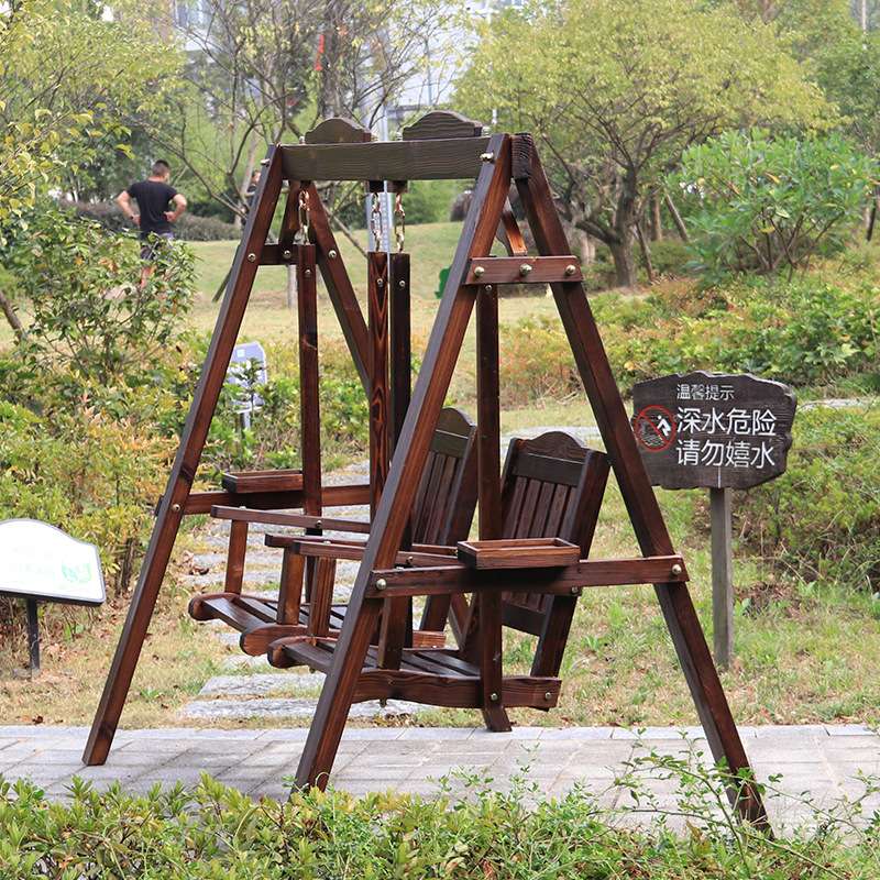 户外实木秋千摇椅休闲庭院双人吊椅田园阳台碳化木吊椅家用荡秋千