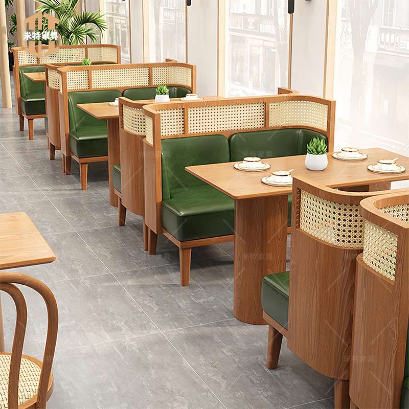 实木藤编半圆卡座沙发连锁火锅店主题西餐厅咖啡店奶茶店桌椅组合