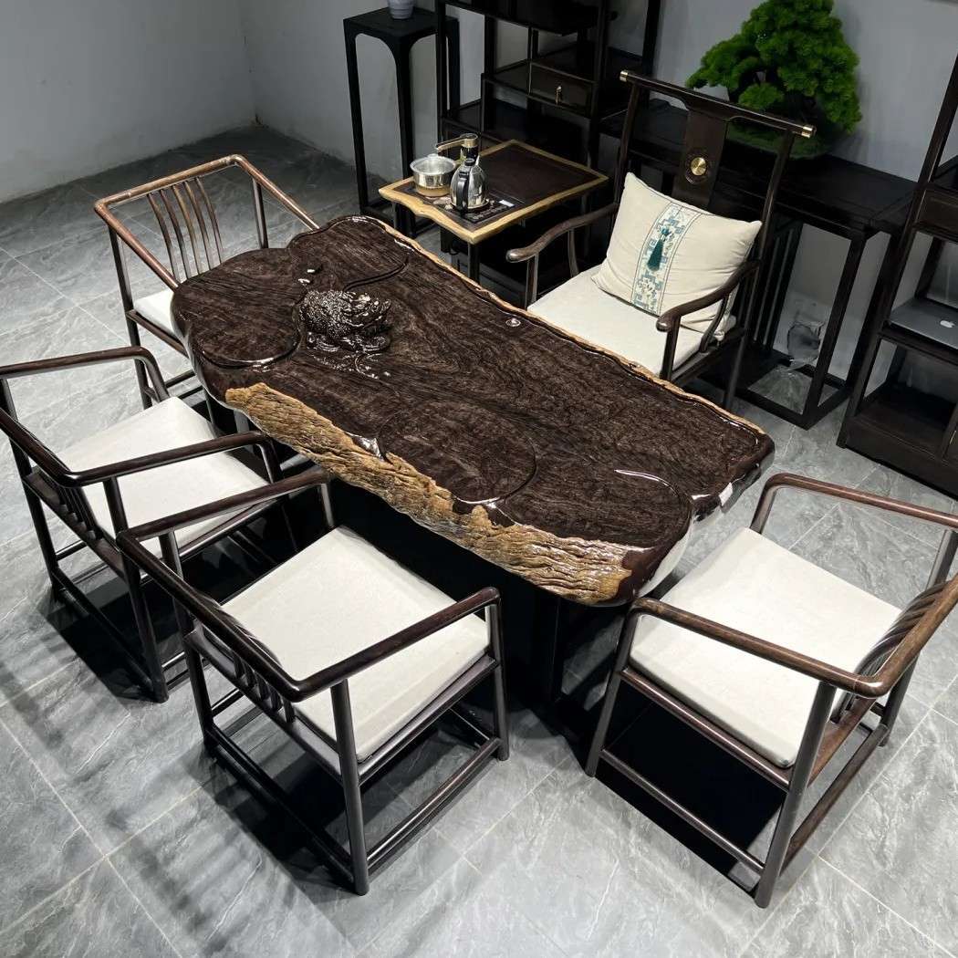 黑檀根雕茶台新中式实木茶桌客厅茶几家用阳台家具现代简约大板桌