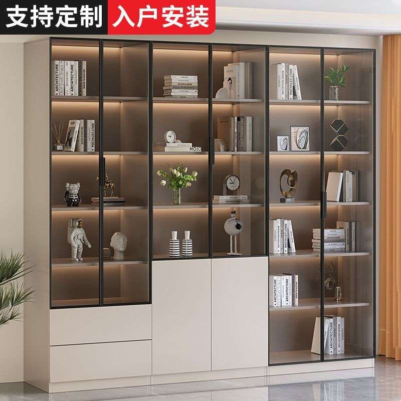书柜一体到顶新中式书柜轻奢高档酒柜带玻璃门展示柜整墙整体书架