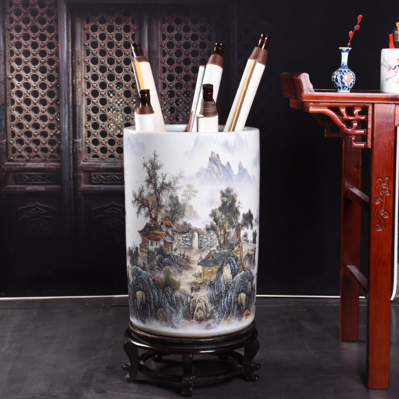 景德镇陶瓷手绘书画收纳缸卷轴缸字画雨伞筒箭筒落地花瓶装饰摆件