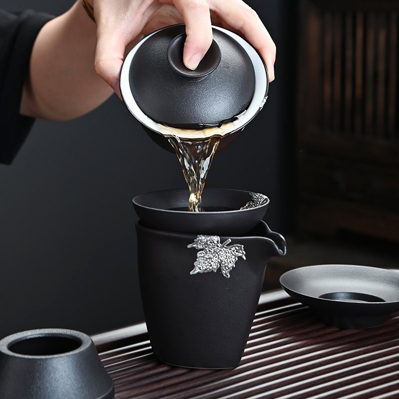 日式黑陶功夫茶具套装家用陶瓷泡茶壶茶杯简约办公室会客喝茶盖碗