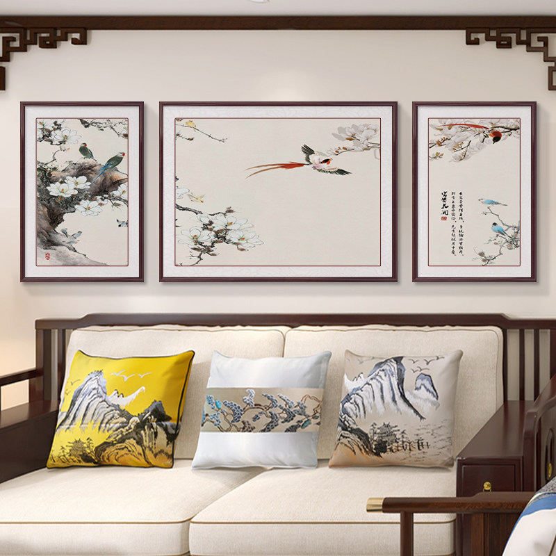 新中式客厅装饰画荷花鲤鱼沙发背景墙挂画三联壁画中国风花鸟国画