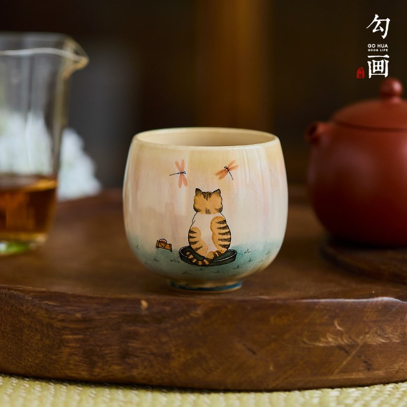 【勾画茶器】窑变复古茶杯主人杯手绘橘猫背影女生茶具可爱品茗杯