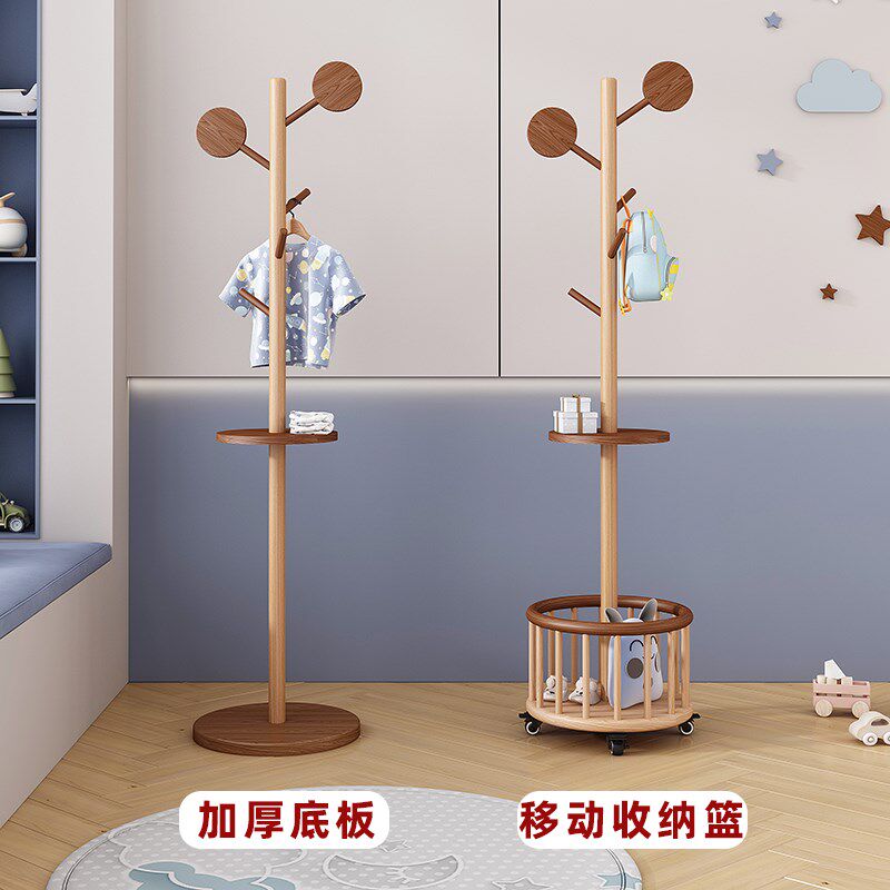 儿童衣架落地实木衣帽架家用简易立式房间收纳篮挂衣架可爱可移动