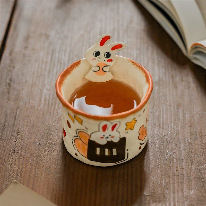 陶瓷创意杯景德镇手绘立体萌兔水杯釉下彩咖啡杯伴杯
