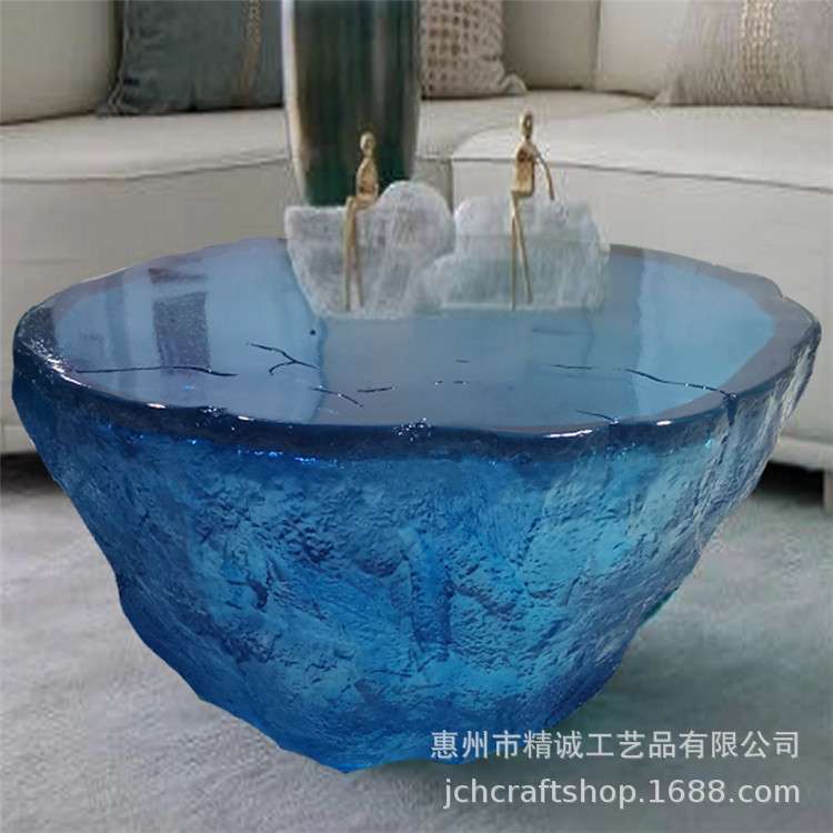 客厅海洋树脂茶几桌子透明圆形装饰品落地雕塑家具大摆件透明茶几