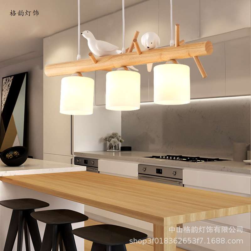 北欧餐厅田园实木小鸟吊灯服装店吧台长款三头个性创意简约吊灯具