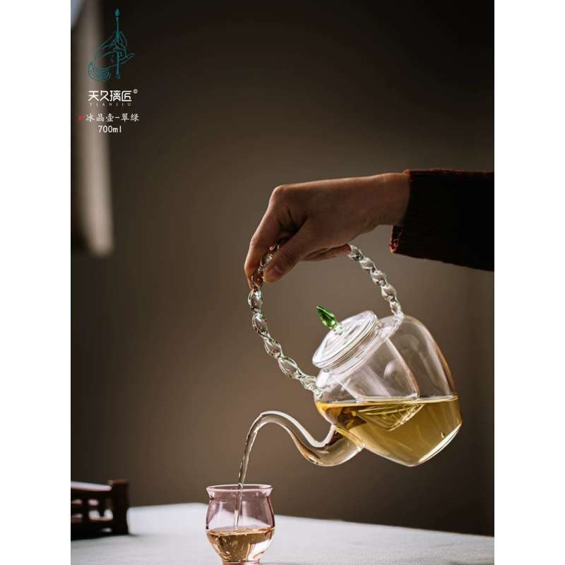 天久璃匠特色创意玻璃提梁耐高温高硼硅玻璃泡茶壶仿藤绳编把花草