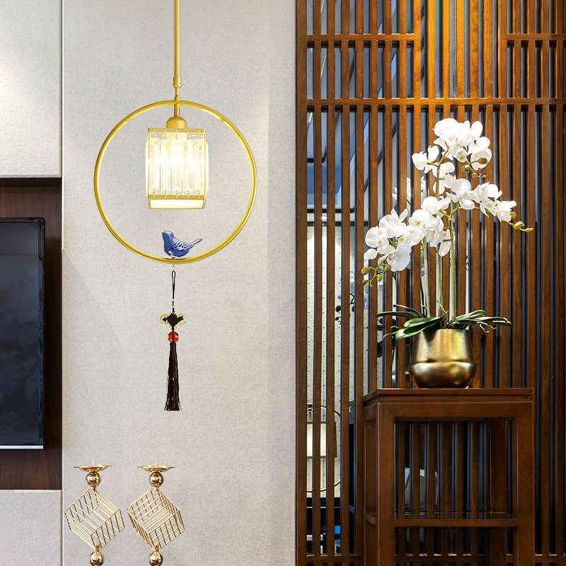 新中式轻奢水晶铁艺吧台吊灯餐厅中国风禅意新小鸟小玄关过道餐吊