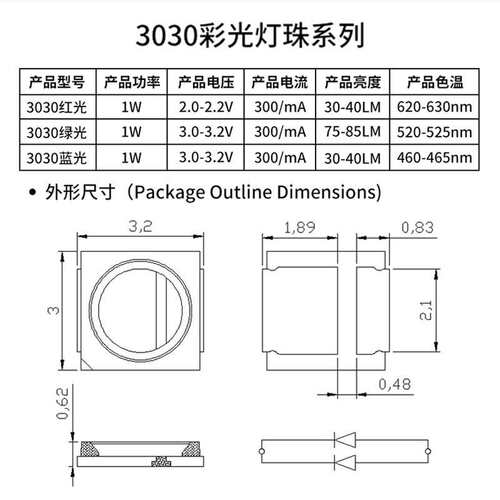 3030彩光灯珠led贴片植物红660nm1W蓝光双芯贴片3030灯珠绿光高亮
