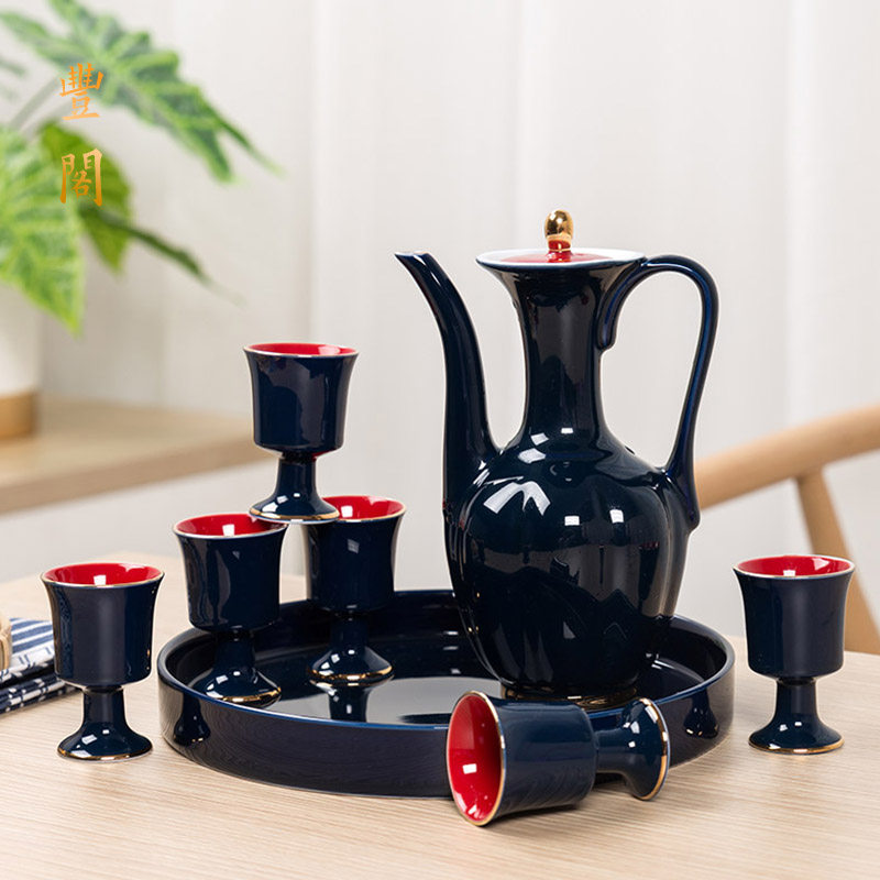 陶瓷酒具网红款仿宋瓜棱壶喜庆婚宴小酒杯酒壶套装仿古中式高脚杯