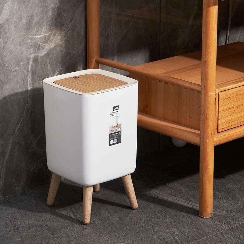 高脚大容量垃圾桶家用轻奢按压弹盖式创意方形木纹垃圾桶10L