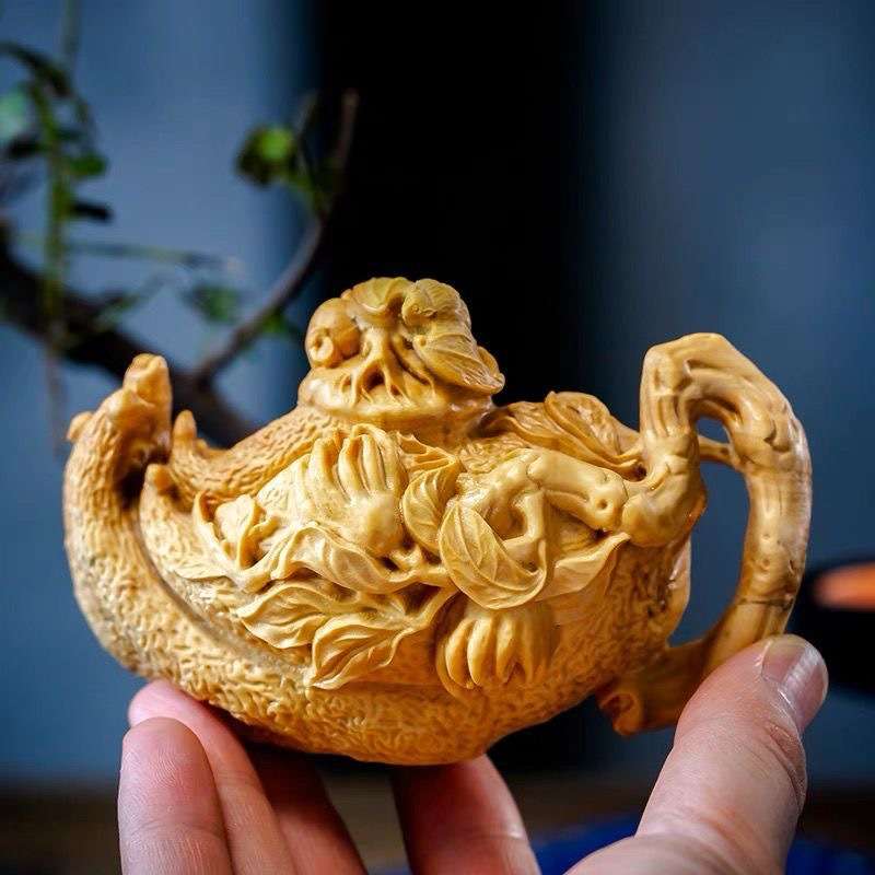 太行崖柏佛手瓜把把壶手把件实木雕刻茶壶摆件桌面茶宠饰品长8cm