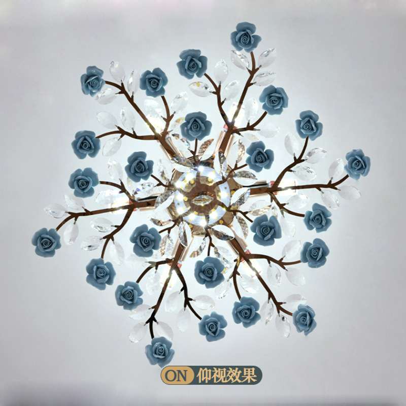 客厅灯田园蓝色花朵水晶女生主卧室吸顶灯新款粉色花型灯具
