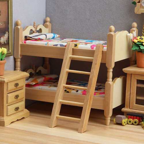 1:12娃娃屋迷你家具微缩模型ob11摆件儿童房木质双层叠床上下床