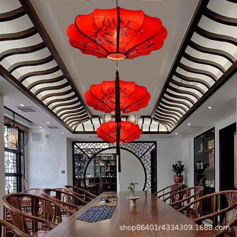 飞碟布艺吊灯开业饭店古风茶楼装饰复古中国风古典手绘灯笼挂饰