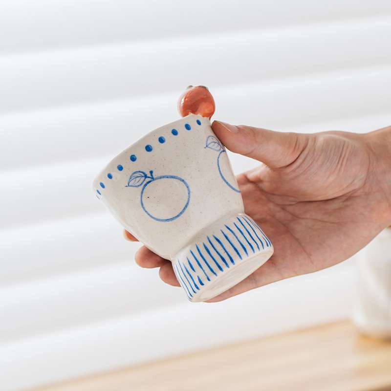 手绘陶瓷水果手握杯拿铁拉花杯咖啡杯复古粗陶杯子高脚杯手拿杯子