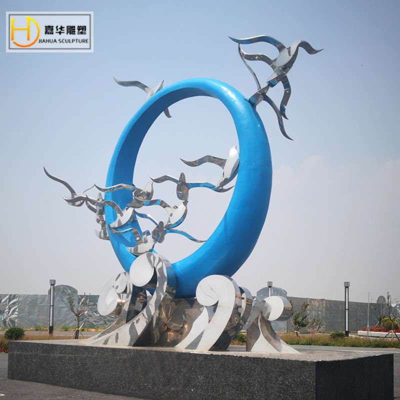 不锈钢大雁小鸟园林景观金属雕塑小区楼盘售楼处水景软装白钢圆环