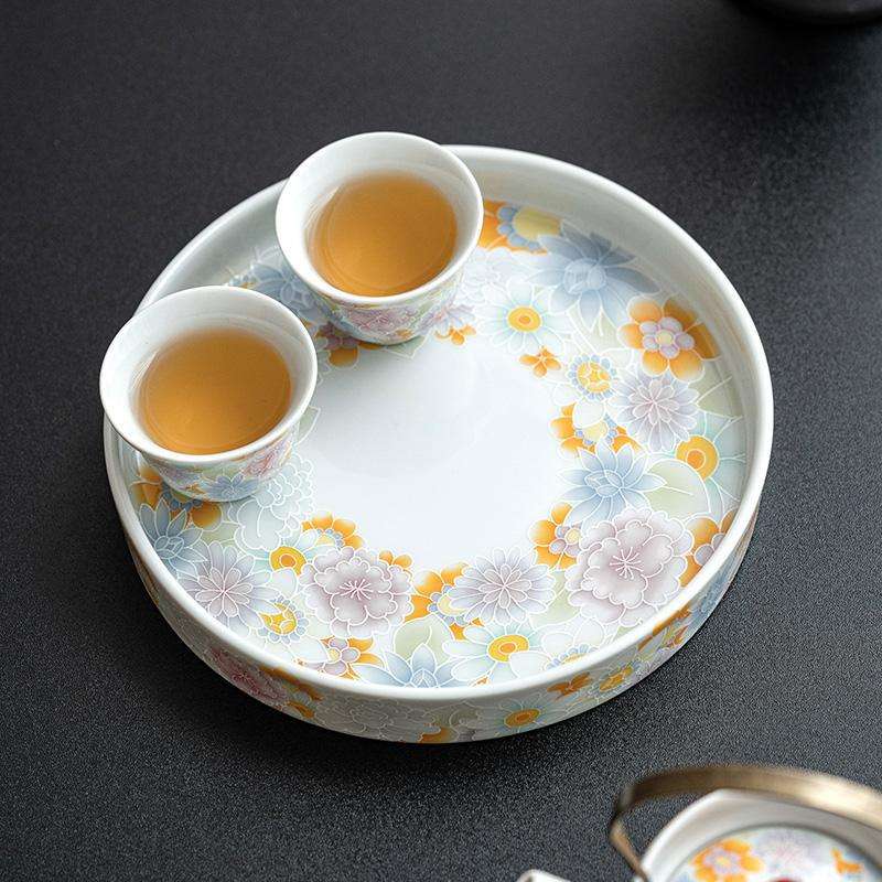 仿古釉万花干泡盘国潮茶托盘家用茶具茶盘新中式陶瓷圆形壶承茶垫