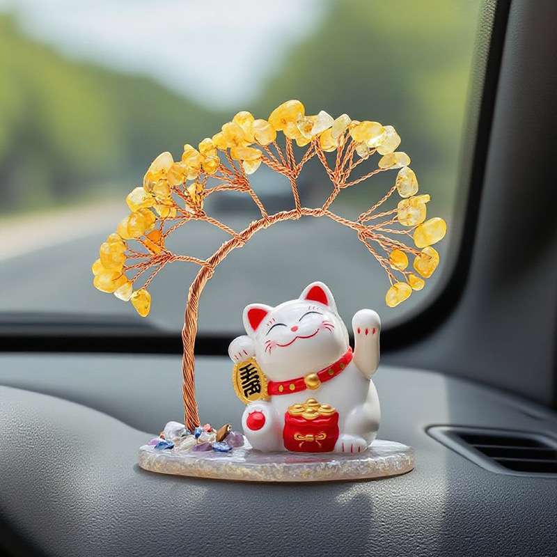 天然黄水晶发财树太阳能招财猫玛瑙片底座水晶树家居桌面车载摆件
