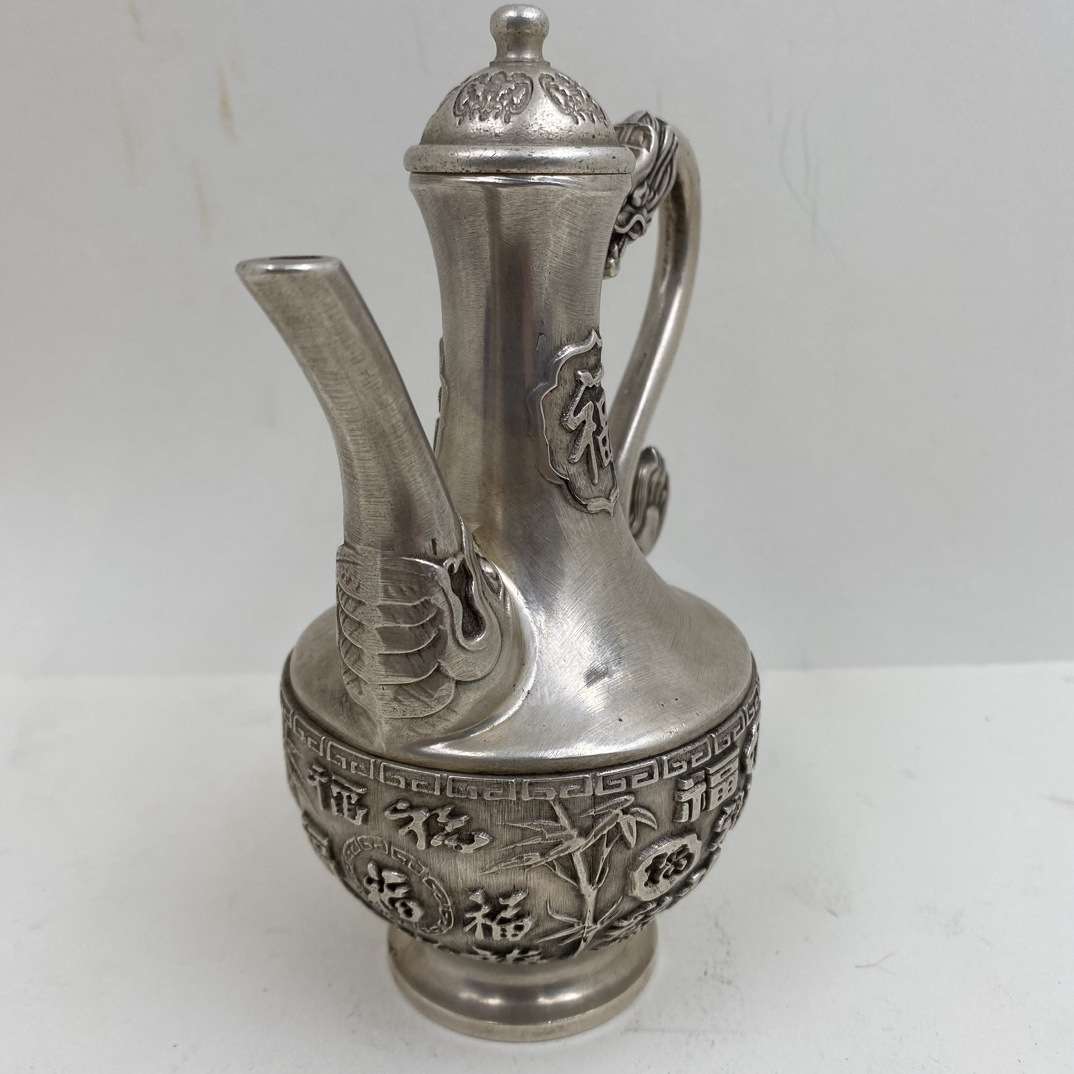 仿古做旧铜镀银龙凤高酒壶茶壶家居家里酒具铜器桌面家居摆件