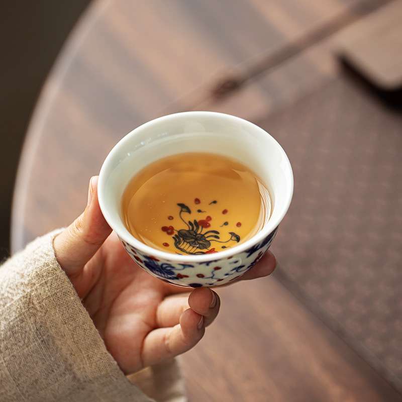 永乐手工仿古缠枝莲青花压手杯茶杯陶瓷套装主人杯品茗杯节日送礼